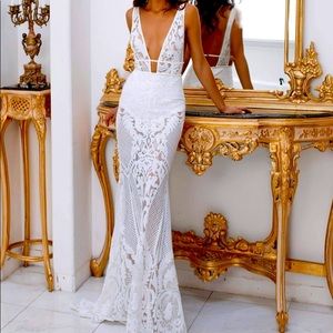 Alamour The Label White Plunge Lace Maxi Dress